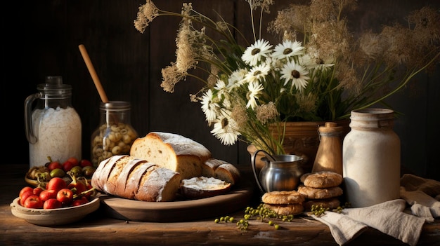 Autumn still life and autumnal leaves on wooden background