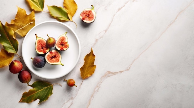 Autumn still life Cut figs fruit and ceramic plate on white marble table background Thanksgiving