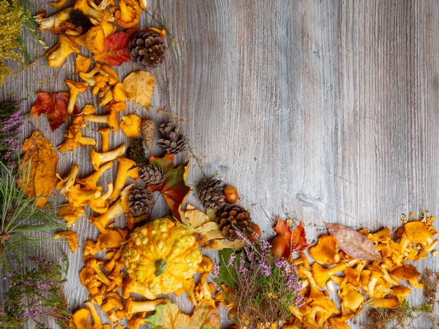 Фото Осенний натюрморт с тыквой грибы каштаны красные ягоды хвоя шишки и опавшие листья
