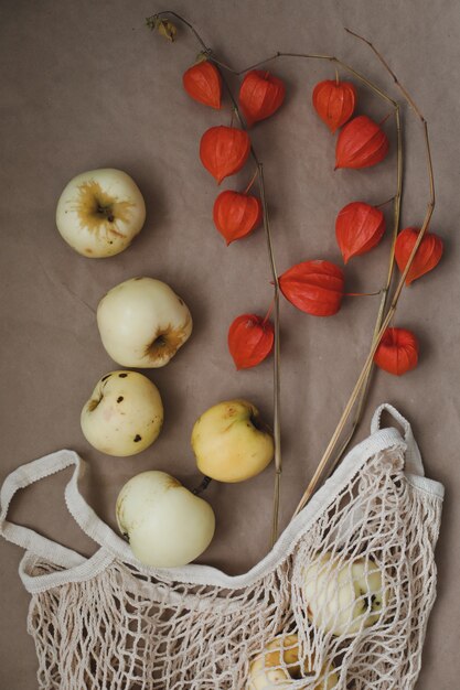 Natura morta autunnale con mele e fiori d'arancio di physalis