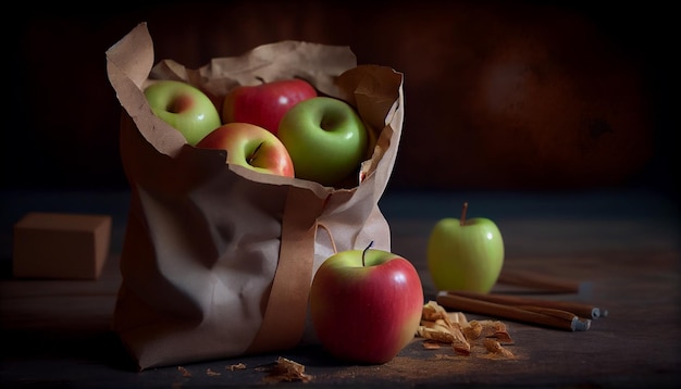 Autumn still life with apples in a paper bag on a wooden tablegenerative ai