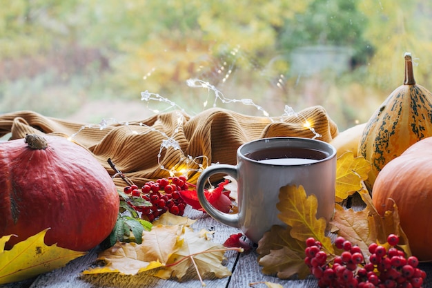 Natura morta autunnale con un bellissimo bokeh di foglie autunnali e una tazza di caffè caldo o tè alla zucca arancione...