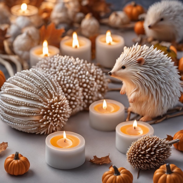 an autumn still life with burning candles pumpkins autumn leaves and hedgehogs