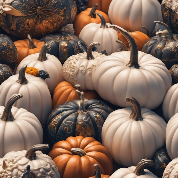 an autumn still life with colorful pumpkins