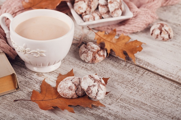 Autumn still life with cup of cocoa and chocolate cookies