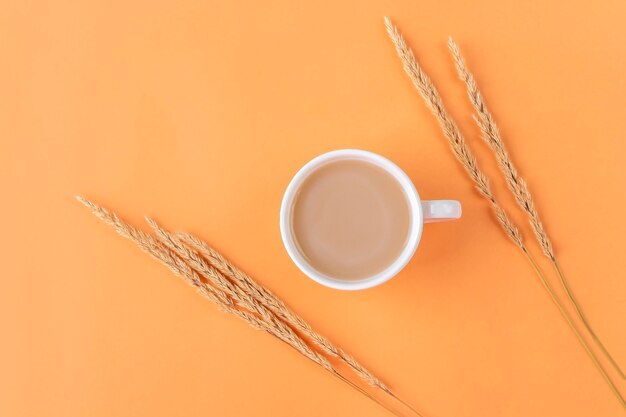 Autumn still life with cup of coffee and beige pampas grass reeds on orange background. Minimal, stylish, creative fall still life. Flat lay, copy space.