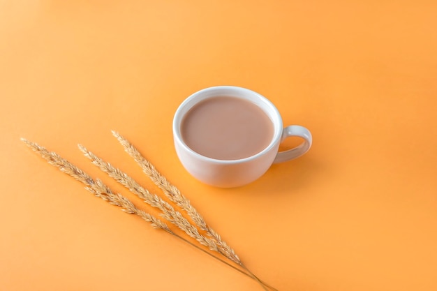 Autumn still life with cup of coffee and beige pampas grass reeds on orange background. Minimal, stylish, creative fall still life. Flat lay, copy space.