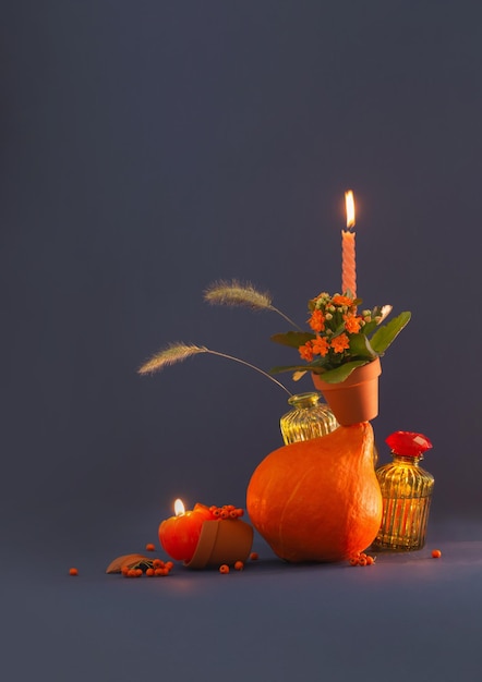 autumn still life with magic potion on dark blue background