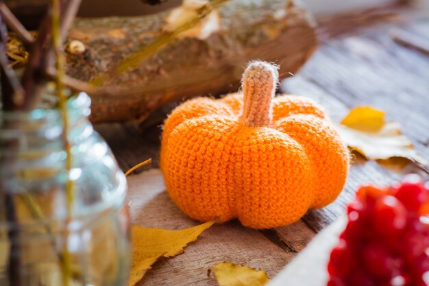 Autumn still life with a pumpkin and fallen leaves