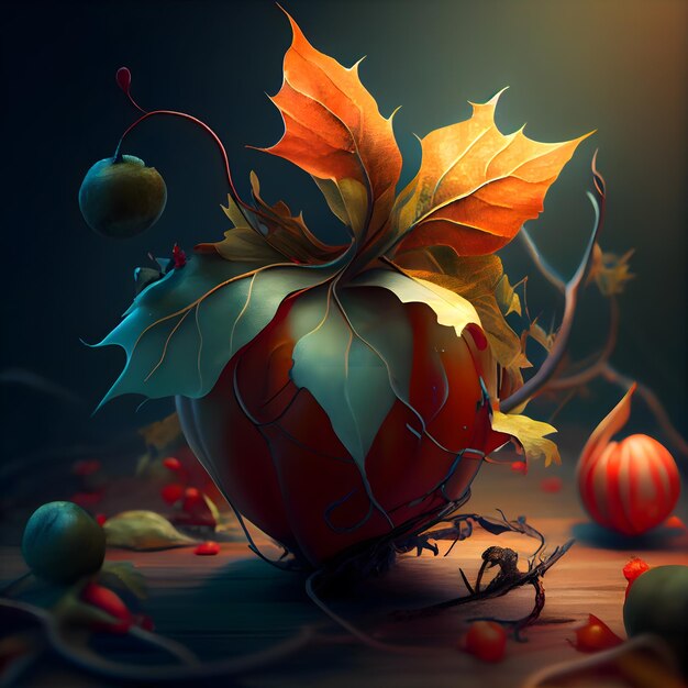 暗い背景にカボチャの果実と葉を持つ秋の静物画