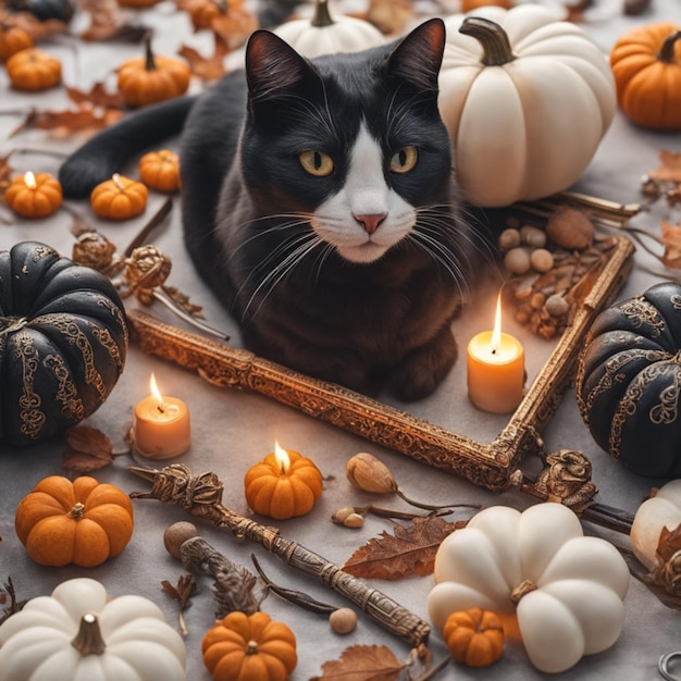 an autumn still life with pumpkins candles colorful leaves and a cat