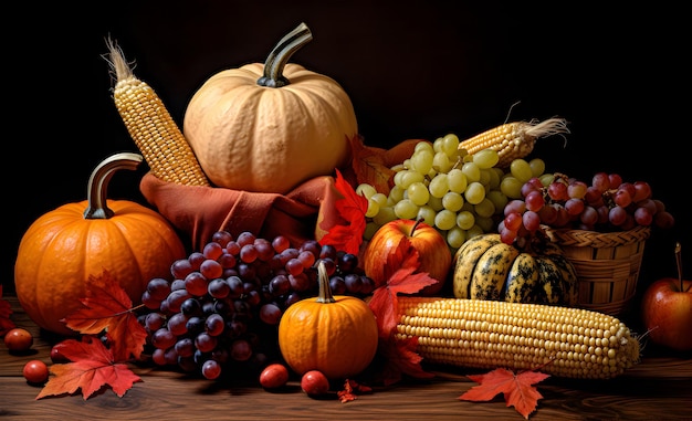 Autumn still life with pumpkins corn and grapes on Thanksgiving Day Generative AI