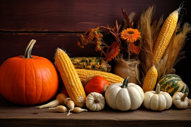 Autumn still life with pumpkins corn and leaves on wooden background