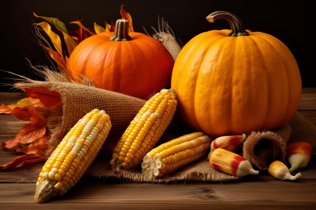 Autumn still life with pumpkins corn and leaves on wooden background