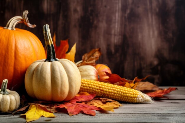 Autumn still life with pumpkins corn and leaves on wooden background