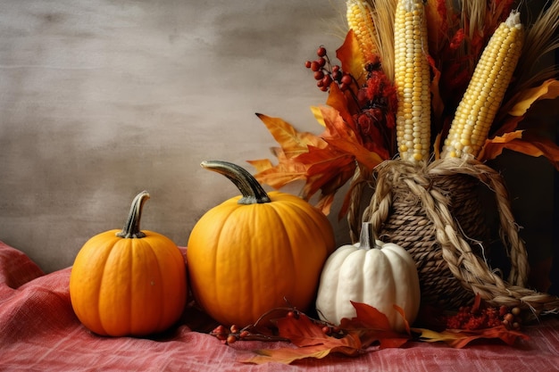 Autumn still life with pumpkins corn and leaves on wooden background