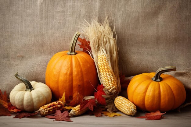 Осенняя натюрморт с тыквой, кукурузой и листьями на деревянном фоне