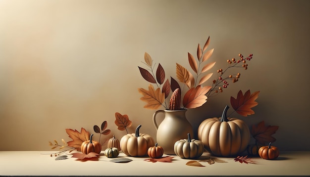 Autumn still life with pumpkins and leaves 3d render