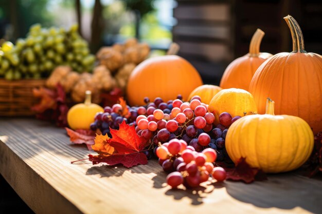 Autumn still life with pumpkins leaves and corn on wooden background