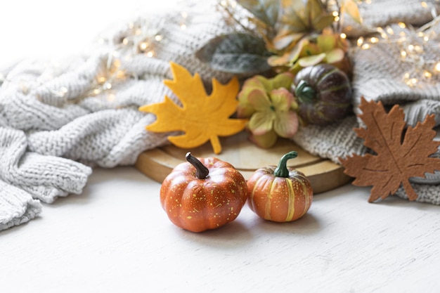 Photo autumn still life with pumpkins leaves and knitted element