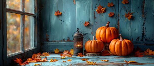 Autumn still life with pumpkins on leaves on wooden wall background Decoration for home interior Red text space