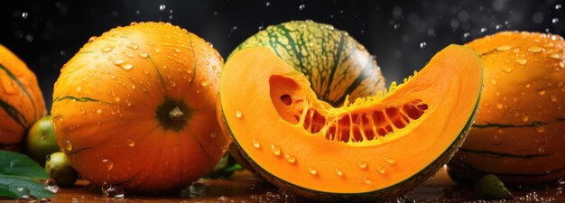 Photo autumn still life with pumpkins and water drops on dark background