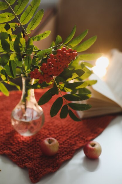 Autumn still life with a rowan branch in a vase and a book and apples in a cozy home interior