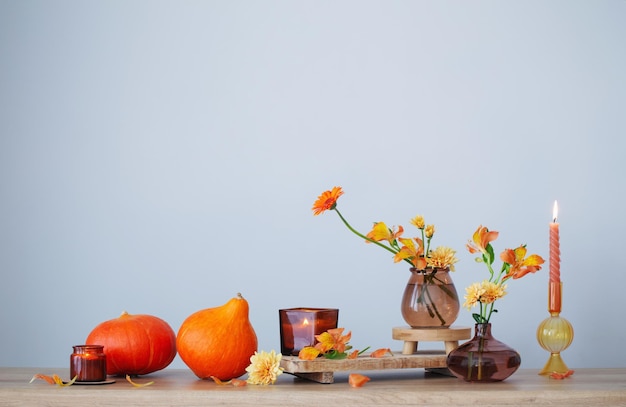 Autumn still life on wooden shelf on background wall