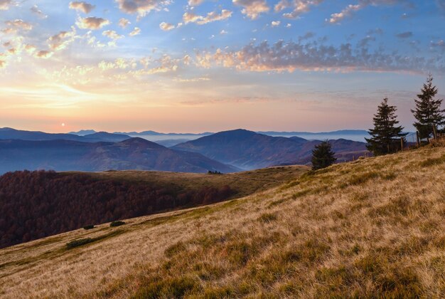 Photo autumn subset carpathian mountain landscape with fog ukraine