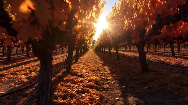 Autumn sun shining through rows of grape vines