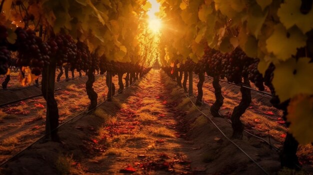 Autumn sun shining through the vines illuminating