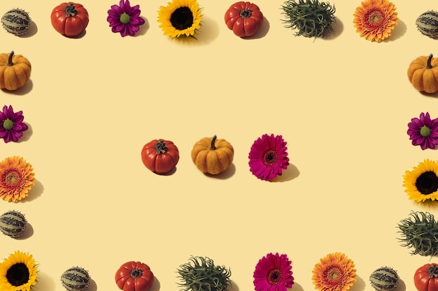 Autumn sunlit yellow background with orange pumpkins, sunflower and bright seasonal flowers. Flat lay harvest or halloween concept. Creative layout of colorful vegetables. Copy space.