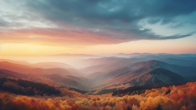 Autumn sunrise cloudy sky over mountains