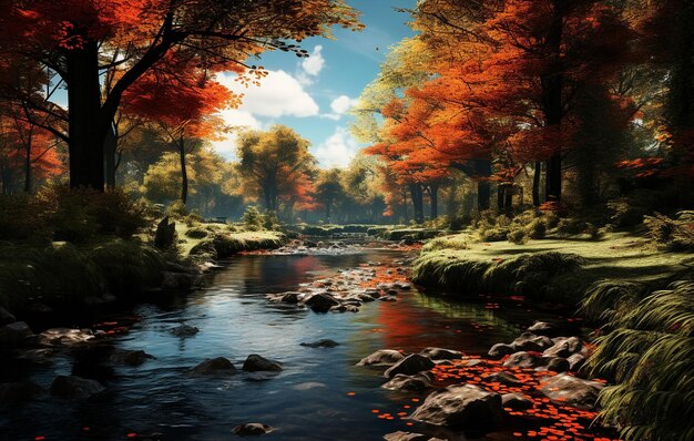 가을의 해가 지고, 빛이 빛나는 오렌지나무, 다채로운 잎, 자연의 아름다운 계절 풍경