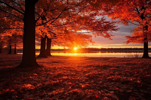 写真 劇的 な 空 に 対し て 活気 の ある 木々 を 描く 秋 の 夕暮れ