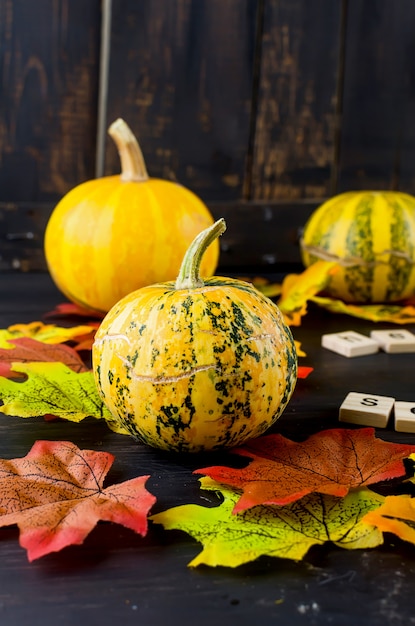 Autumn surface with pumpkins, leaves