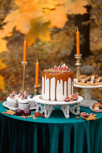 Autumn sweet dessert decorated on a table