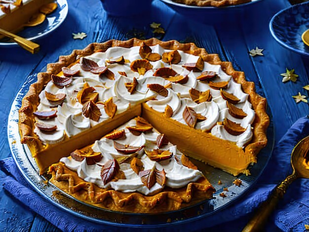 Photo autumn sweet homemade traditional festive pumpkin pie for thanksgiving harvest feast ready to eat