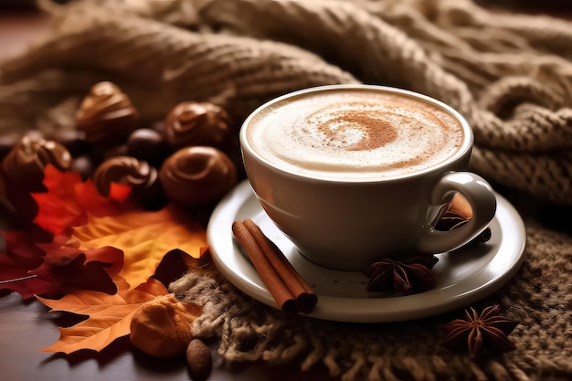 Autumn sweet hot drink with cinnamon and various spices AI