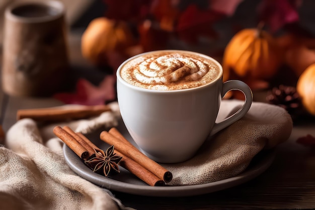 Autumn sweet hot drink with cinnamon and various spices AI