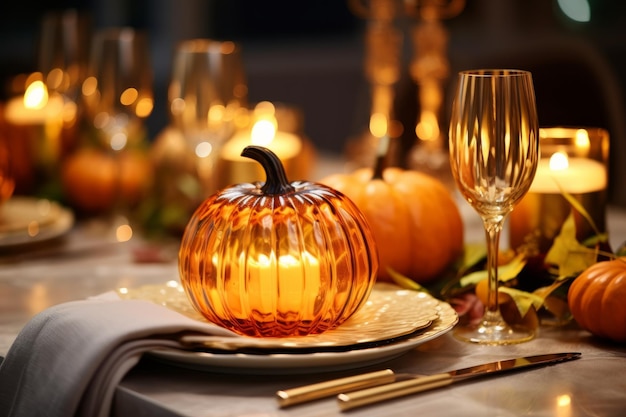 Autumn table decoration with pumpkins for halloween and thanksgiving