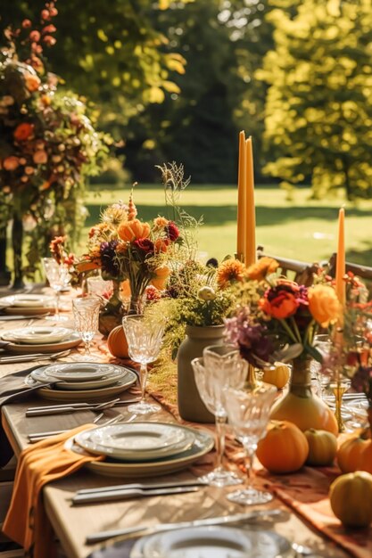 Autumn table scape autumnal dinner table setting in English countryside style with flowers