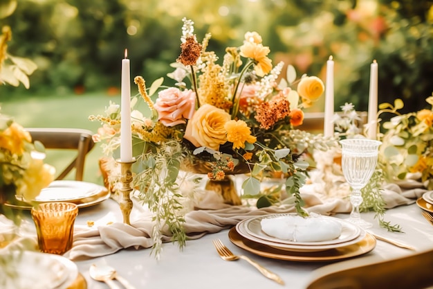 Autumn table scape autumnal dinner table setting holiday tablescape for wedding birthday or party event celebration generative ai