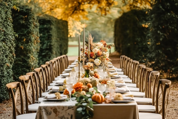 Autumn table scape autumnal dinner table setting holiday tablescape for wedding birthday or party event celebration generative ai