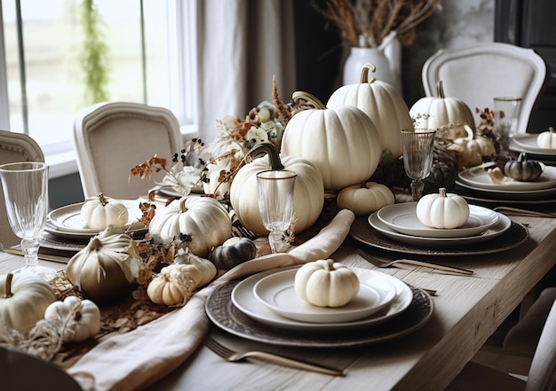 Autumn table scape with mini white pumpkins ceramic plates candles and napkins