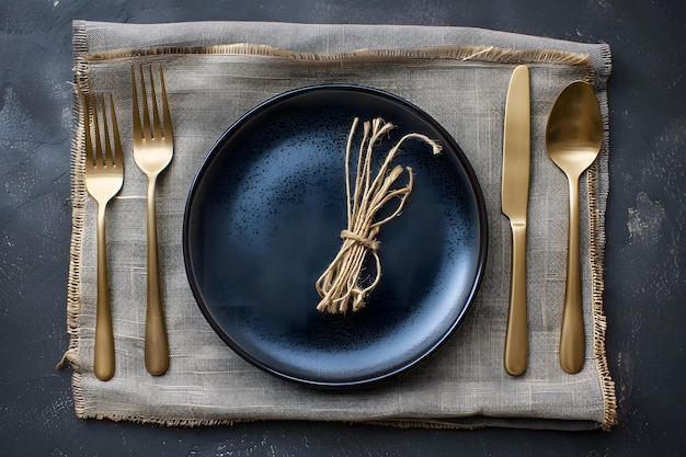 Autumn table setting with empty card on grey background top view