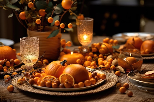 Autumn table setting with pumpkins and candles fall home decoration generative ai