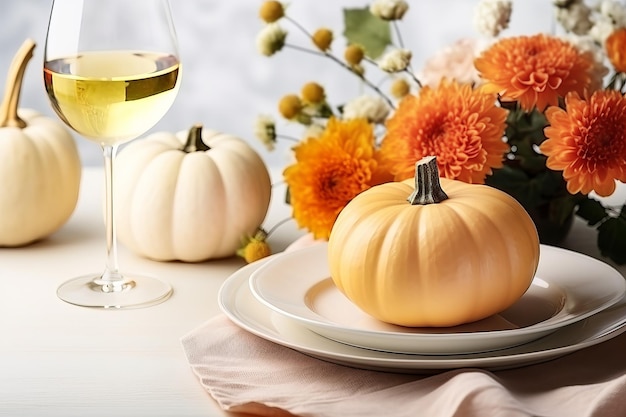 Autumn table setting with pumpkins and flowers for celebration Thanksgiving Generative AI illustration