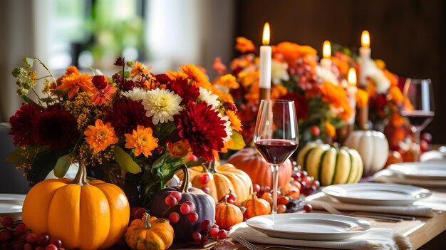 Autumn table setting with pumpkins grapes cheese and wine for halloween and thanksgiving