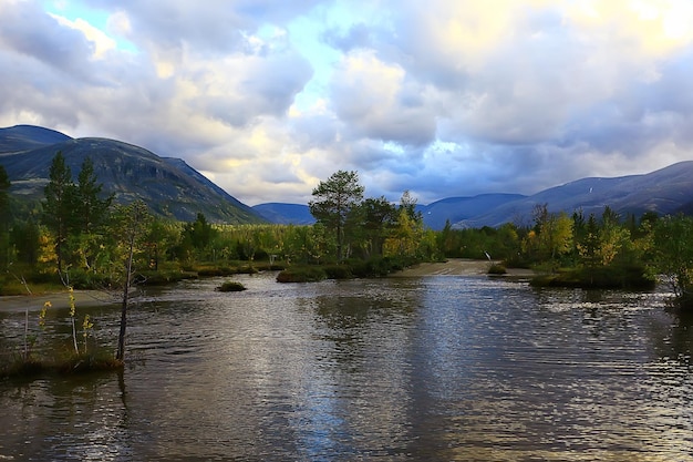 autumn taiga forest landscape, nature view fall in the mountains